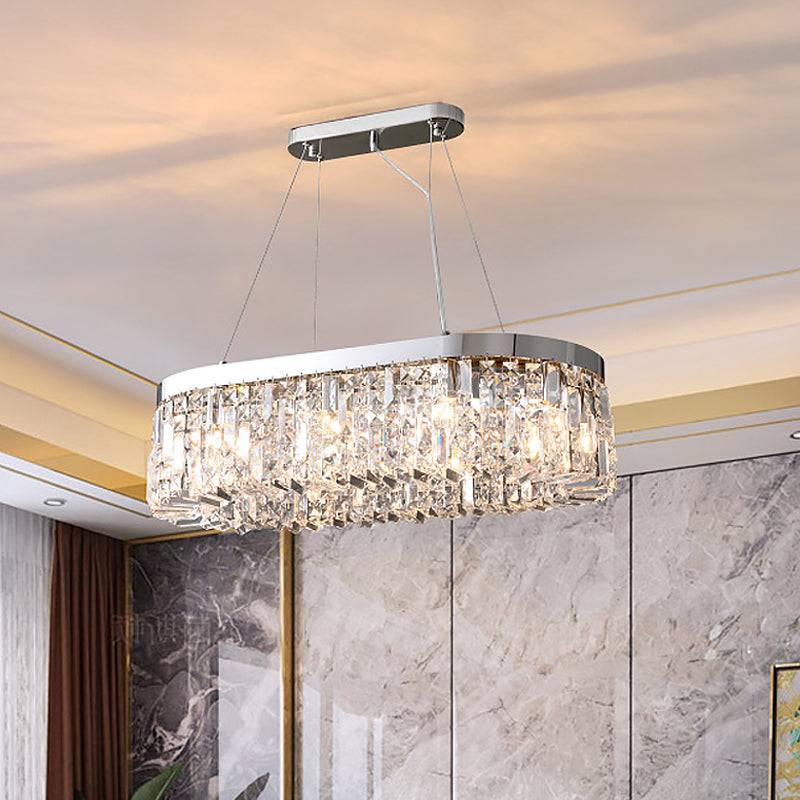 Chrome Oval Island Lamp Modern Cut Crystal 10 Heads Dining Room Suspension Pendant Light Chrome Clearhalo 'Ceiling Lights' 'Island Lights' Lighting' 886014