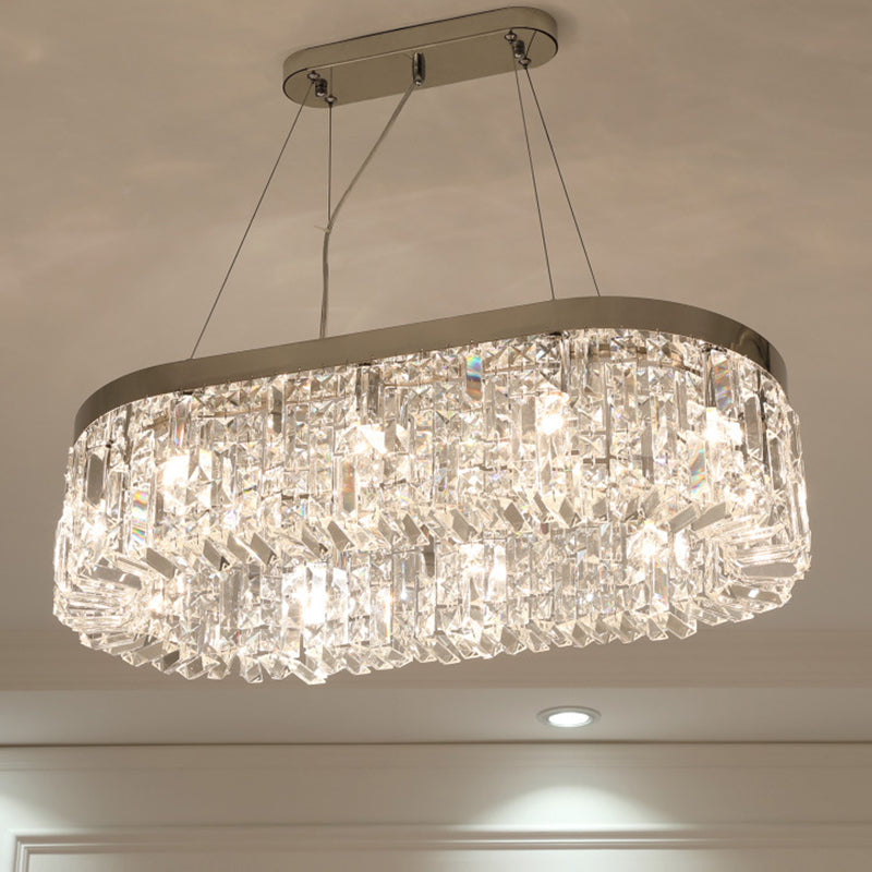 Chrome Oval Island Lamp Modern Cut Crystal 10 Heads Dining Room Suspension Pendant Light Clearhalo 'Ceiling Lights' 'Island Lights' Lighting' 886015