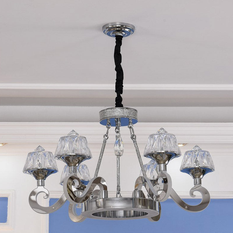 Modern Scrolled Arm Ceiling Light 6 Bulbs Clear Crystal Block Chandelier Lighting Fixture in Chrome Chrome Clearhalo 'Ceiling Lights' 'Chandeliers' 'Modern Chandeliers' 'Modern' Lighting' 886026