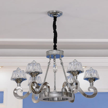 Modern Scrolled Arm Ceiling Light 6 Bulbs Clear Crystal Block Chandelier Lighting Fixture in Chrome Chrome Clearhalo 'Ceiling Lights' 'Chandeliers' 'Modern Chandeliers' 'Modern' Lighting' 886026