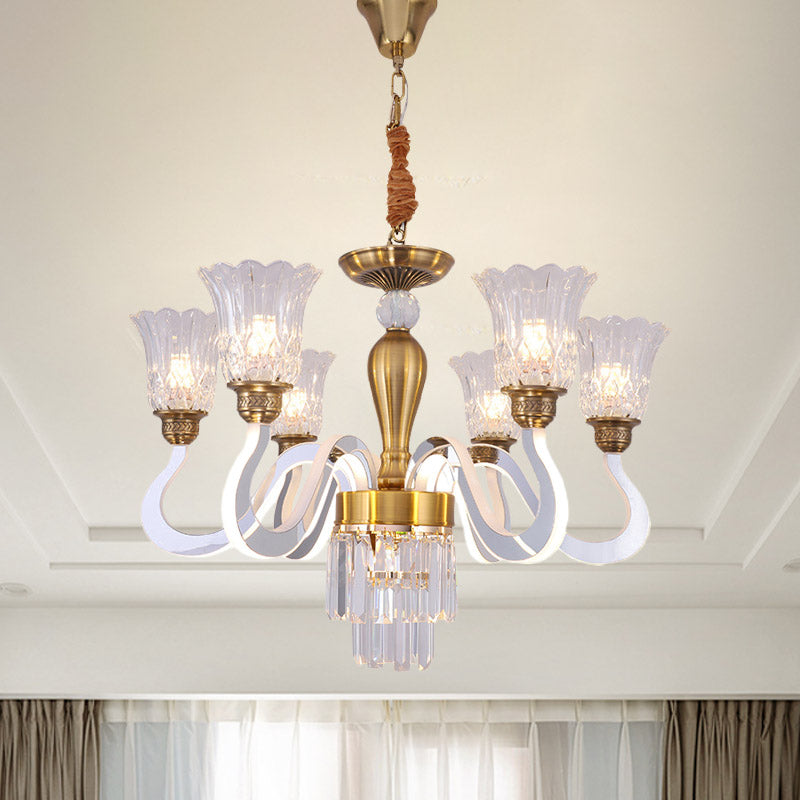 Clear Crystal Flower Ceiling Lamp Contemporary 6-Head Dining Room Chandelier with Acrylic Arm Clearhalo 'Ceiling Lights' 'Chandeliers' 'Clear' 'Industrial' 'Modern Chandeliers' 'Modern' 'Tiffany' 'Traditional Chandeliers' Lighting' 886039