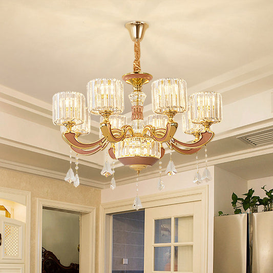 Mid Century Column Pendant Lamp 8-Light Crystal Block Chandelier Light Fixture in Gold Clearhalo 'Ceiling Lights' 'Chandeliers' Lighting' options 886043