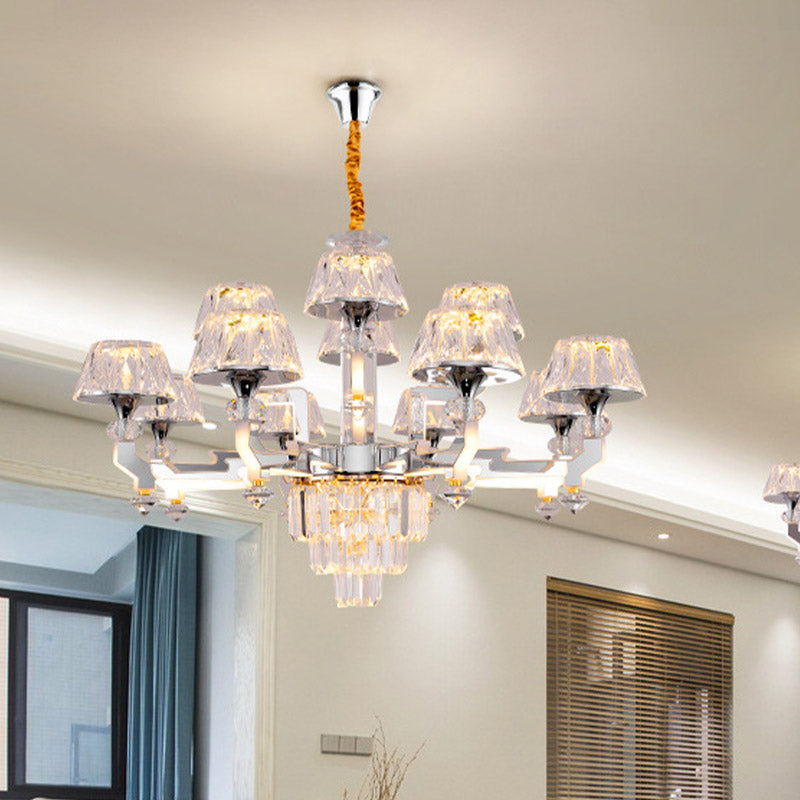 12 Heads Chandelier Lamp Minimalism Living Room Pendant with Conical Crystal Shade in Chrome Clearhalo 'Ceiling Lights' 'Chandeliers' 'Modern Chandeliers' 'Modern' Lighting' 886047