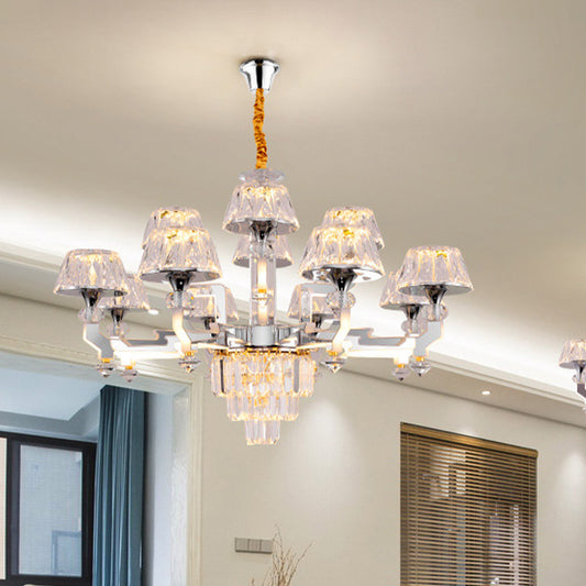 12 Heads Chandelier Lamp Minimalism Living Room Pendant with Conical Crystal Shade in Chrome Clearhalo 'Ceiling Lights' 'Chandeliers' 'Modern Chandeliers' 'Modern' Lighting' 886047