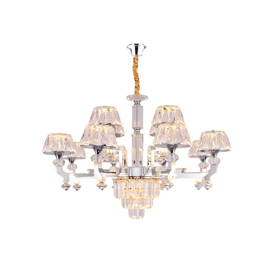 12 Heads Chandelier Lamp Minimalism Living Room Pendant with Conical Crystal Shade in Chrome Clearhalo 'Ceiling Lights' 'Chandeliers' 'Modern Chandeliers' 'Modern' Lighting' 886048