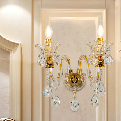 Candelabra Clear Crystal Glass Sconce Mid Century 2-Light Living Room Wall Lamp in Gold Gold Clearhalo 'Wall Lamps & Sconces' 'Wall Lights' Lighting' 886178
