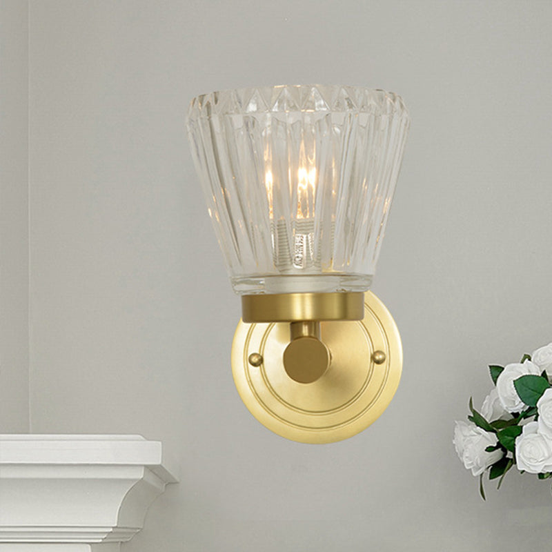 Modernism Cone Wall Sconce Lamp 1 Head Clear Crystal Block Wall Mount Light Fixture in Brass Brass Clearhalo 'Cast Iron' 'Glass' 'Industrial' 'Modern wall lights' 'Modern' 'Tiffany' 'Traditional wall lights' 'Wall Lamps & Sconces' 'Wall Lights' Lighting' 886214