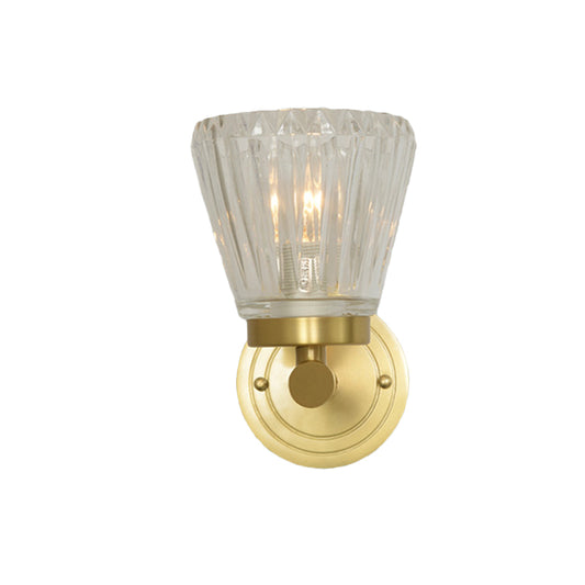 Modernism Cone Wall Sconce Lamp 1 Head Clear Crystal Block Wall Mount Light Fixture in Brass Clearhalo 'Cast Iron' 'Glass' 'Industrial' 'Modern wall lights' 'Modern' 'Tiffany' 'Traditional wall lights' 'Wall Lamps & Sconces' 'Wall Lights' Lighting' 886216