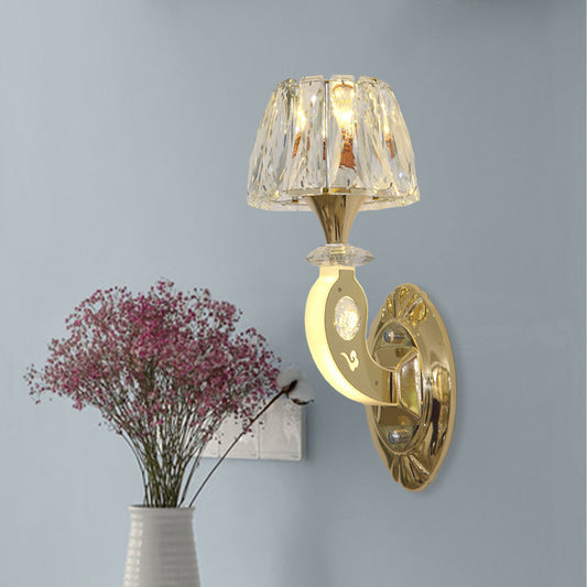 1-Bulb Wall Sconce Lighting Simple Conical Clear Crystal Block Wall Mount Light Fixture in Gold Gold Clearhalo 'Cast Iron' 'Glass' 'Industrial' 'Modern wall lights' 'Modern' 'Tiffany' 'Traditional wall lights' 'Wall Lamps & Sconces' 'Wall Lights' Lighting' 886218