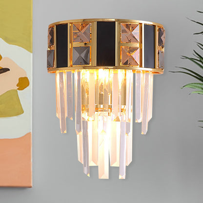 Black and Gold Tiered Wall Lamp Simplicity Clear K9 Crystal 3 Heads Living Room Wall Mount Light Fixture Black-Gold Clearhalo 'Cast Iron' 'Glass' 'Industrial' 'Modern wall lights' 'Modern' 'Tiffany' 'Traditional wall lights' 'Wall Lamps & Sconces' 'Wall Lights' Lighting' 886226