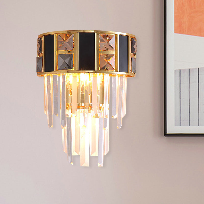 Black and Gold Tiered Wall Lamp Simplicity Clear K9 Crystal 3 Heads Living Room Wall Mount Light Fixture Clearhalo 'Cast Iron' 'Glass' 'Industrial' 'Modern wall lights' 'Modern' 'Tiffany' 'Traditional wall lights' 'Wall Lamps & Sconces' 'Wall Lights' Lighting' 886227