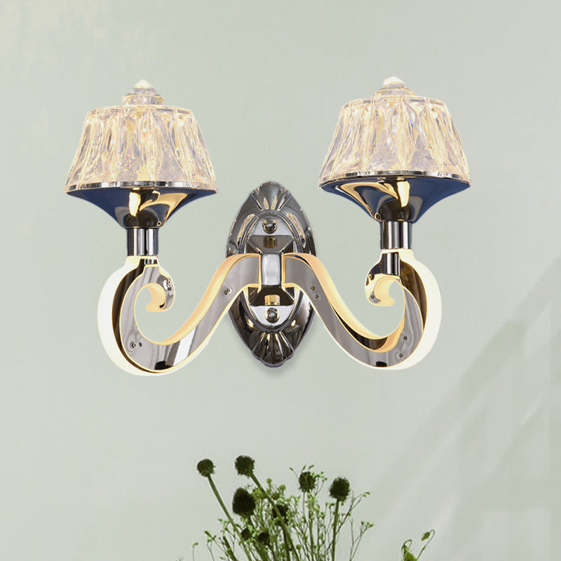 Clear Crystal Chrome Wall Lamp Tapered 1/2-Bulb Modern Wall Light Fixture with Luminous Arm Clearhalo 'Cast Iron' 'Glass' 'Industrial' 'Modern wall lights' 'Modern' 'Tiffany' 'Traditional wall lights' 'Wall Lamps & Sconces' 'Wall Lights' Lighting' 886236