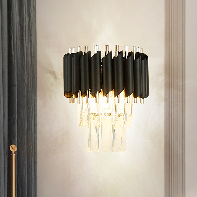 Contemporary Layered Wall Lighting 2-Light Clear K9 Crystal Wall Sconce Light Fixture in Black Black Clearhalo 'Cast Iron' 'Glass' 'Industrial' 'Modern wall lights' 'Modern' 'Tiffany' 'Traditional wall lights' 'Wall Lamps & Sconces' 'Wall Lights' Lighting' 886239