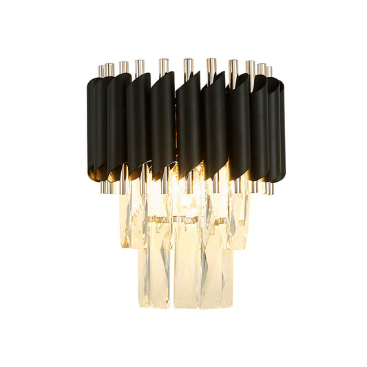 Contemporary Layered Wall Lighting 2-Light Clear K9 Crystal Wall Sconce Light Fixture in Black Clearhalo 'Cast Iron' 'Glass' 'Industrial' 'Modern wall lights' 'Modern' 'Tiffany' 'Traditional wall lights' 'Wall Lamps & Sconces' 'Wall Lights' Lighting' 886241