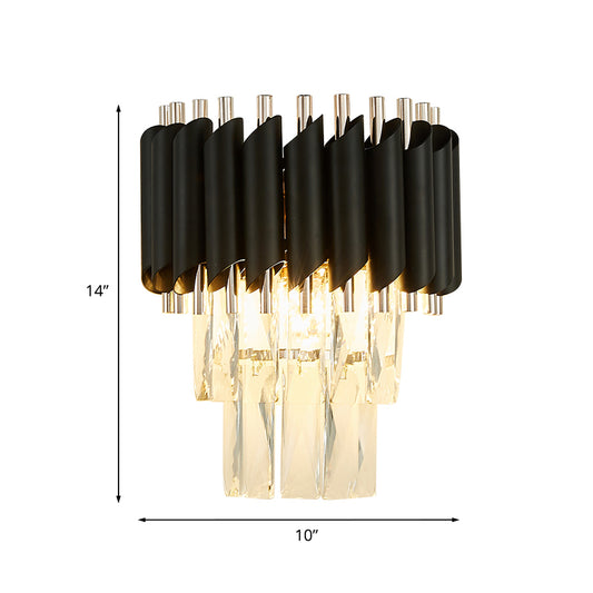 Contemporary Layered Wall Lighting 2-Light Clear K9 Crystal Wall Sconce Light Fixture in Black Clearhalo 'Cast Iron' 'Glass' 'Industrial' 'Modern wall lights' 'Modern' 'Tiffany' 'Traditional wall lights' 'Wall Lamps & Sconces' 'Wall Lights' Lighting' 886242