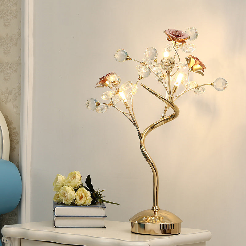 White/Pink Floret Table Lighting Pastoral Style Crystal 3 Heads Lounge Night Lamp with Ceramic Accent Pink Clearhalo 'Lamps' 'Table Lamps' Lighting' 886288