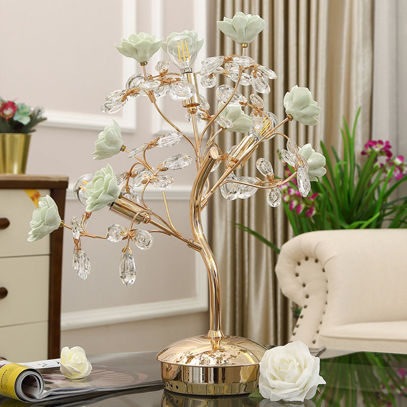 Ceramic Green Nightstand Light Spring Blossom 3 Lights American Garden Table Lamp Gold Clearhalo 'Lamps' 'Table Lamps' Lighting' 886296