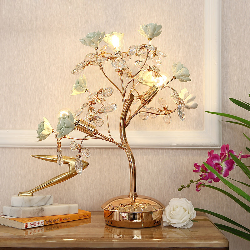 Ceramic Green Nightstand Light Spring Blossom 3 Lights American Garden Table Lamp Clearhalo 'Lamps' 'Table Lamps' Lighting' 886297
