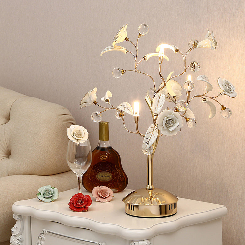 3-Bulb Flower Tree Night Lamp Korean Garden White/Red/Green Ceramic Table Light with Gold Stem White Clearhalo 'Lamps' 'Table Lamps' Lighting' 886300
