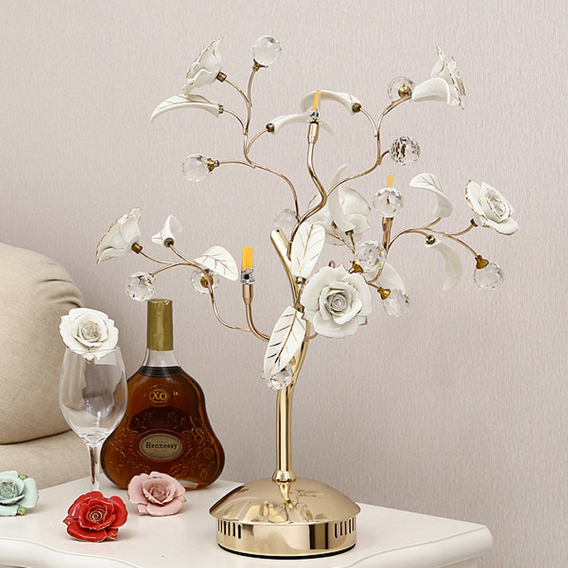 3-Bulb Flower Tree Night Lamp Korean Garden White/Red/Green Ceramic Table Light with Gold Stem Clearhalo 'Lamps' 'Table Lamps' Lighting' 886301