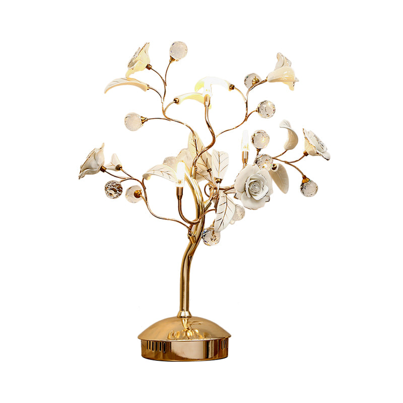 3-Bulb Flower Tree Night Lamp Korean Garden White/Red/Green Ceramic Table Light with Gold Stem Clearhalo 'Lamps' 'Table Lamps' Lighting' 886302