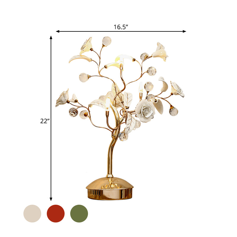 3-Bulb Flower Tree Night Lamp Korean Garden White/Red/Green Ceramic Table Light with Gold Stem Clearhalo 'Lamps' 'Table Lamps' Lighting' 886303