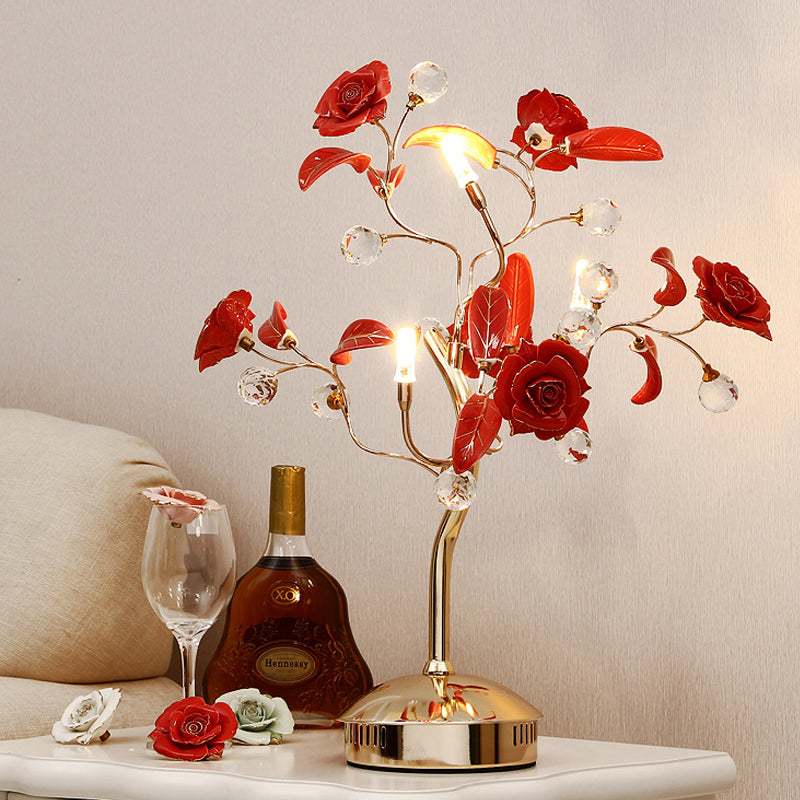 3-Bulb Flower Tree Night Lamp Korean Garden White/Red/Green Ceramic Table Light with Gold Stem Red Clearhalo 'Lamps' 'Table Lamps' Lighting' 886304