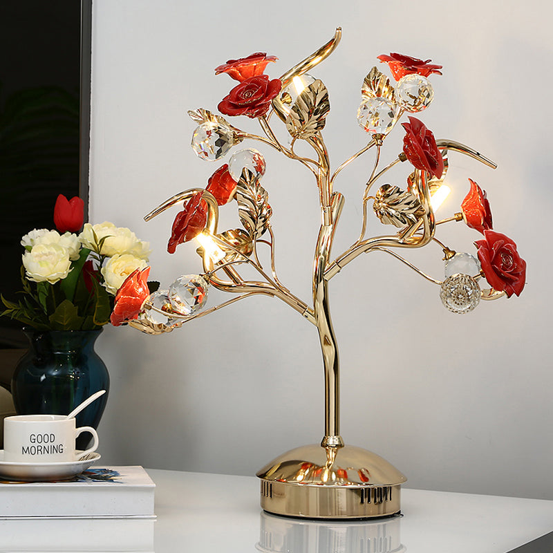 Ceramic Flowering Tree Table Lamp Romantic Pastoral 3-Head Dining Room Nightstand Light in Green/White/Red Red Clearhalo 'Lamps' 'Table Lamps' Lighting' 886324