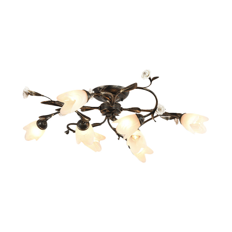 American Garden Flowers Ceiling Light 4/6/8 Heads Cream Glass Semi Flush Mount Lighting in Bronze Clearhalo 'Ceiling Lights' 'Close To Ceiling Lights' 'Close to ceiling' 'Semi-flushmount' Lighting' 886348