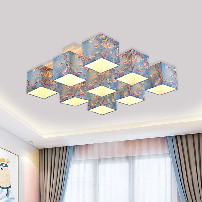9 Bulbs Cube Semi Flush Mount Chandelier Pastoral Style Blue Printed Fabric Ceiling Light Blue Clearhalo 'Ceiling Lights' 'Close To Ceiling Lights' 'Close to ceiling' 'Semi-flushmount' Lighting' 886351