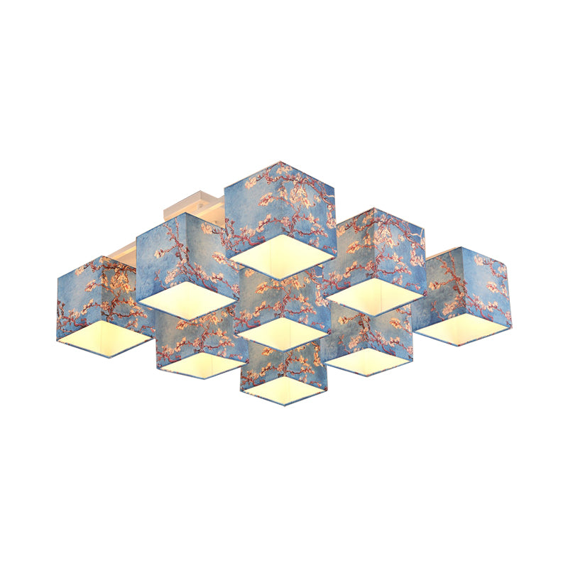 9 Bulbs Cube Semi Flush Mount Chandelier Pastoral Style Blue Printed Fabric Ceiling Light Clearhalo 'Ceiling Lights' 'Close To Ceiling Lights' 'Close to ceiling' 'Semi-flushmount' Lighting' 886352
