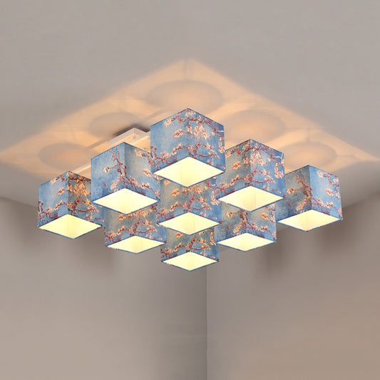 9 Bulbs Cube Semi Flush Mount Chandelier Pastoral Style Blue Printed Fabric Ceiling Light Clearhalo 'Ceiling Lights' 'Close To Ceiling Lights' 'Close to ceiling' 'Semi-flushmount' Lighting' 886353