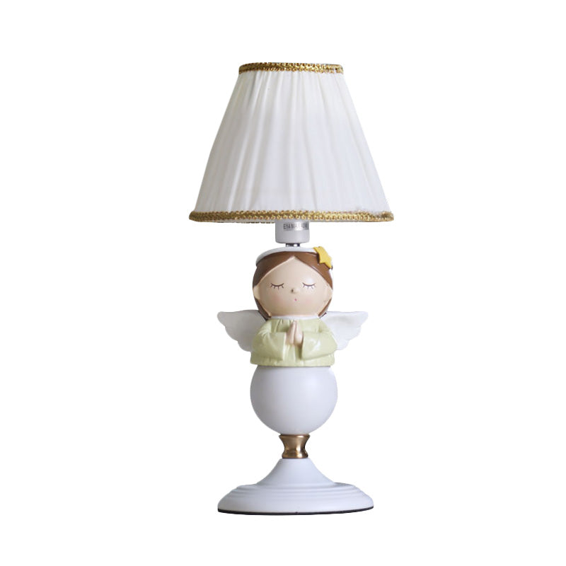 Resin Angel Night Table Light Cartoon 1 Bulb White Nightstand Lamp with Bucket Fabric Shade Clearhalo 'Lamps' 'Table Lamps' Lighting' 886385