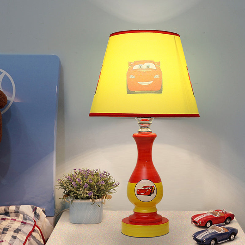 Cartoon Cone Nightstand Lamp Fabric 1-Bulb Boys Bedroom Night Light with Star/Car Pattern in Blue/Yellow Yellow Clearhalo 'Lamps' 'Table Lamps' Lighting' 886392