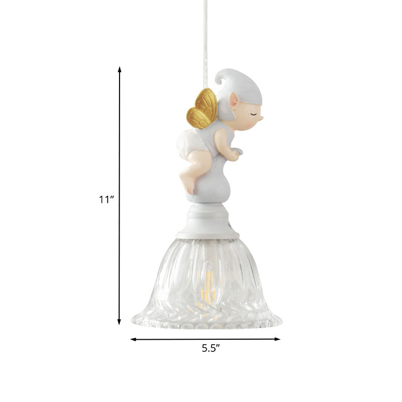 Clear Glass Bell Drop Pendant Cartoon 1 Light White Hanging Light Fixture  with Butterfly Fairy Decor - Clearhalo