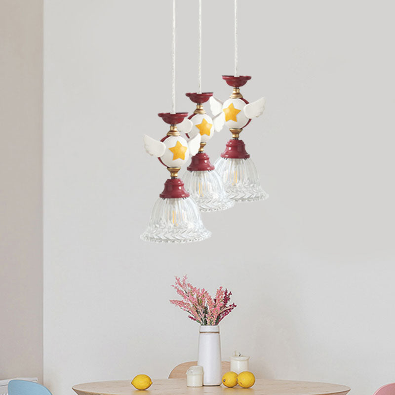 Cartoon Flared Cluster Pendant Clear Glass 3 Lights Bedroom Ceiling Suspension Lamp in Red with Globe/Bird Design Clearhalo 'Ceiling Lights' 'Glass shade' 'Glass' 'Pendant Lights' 'Pendants' Lighting' 886415