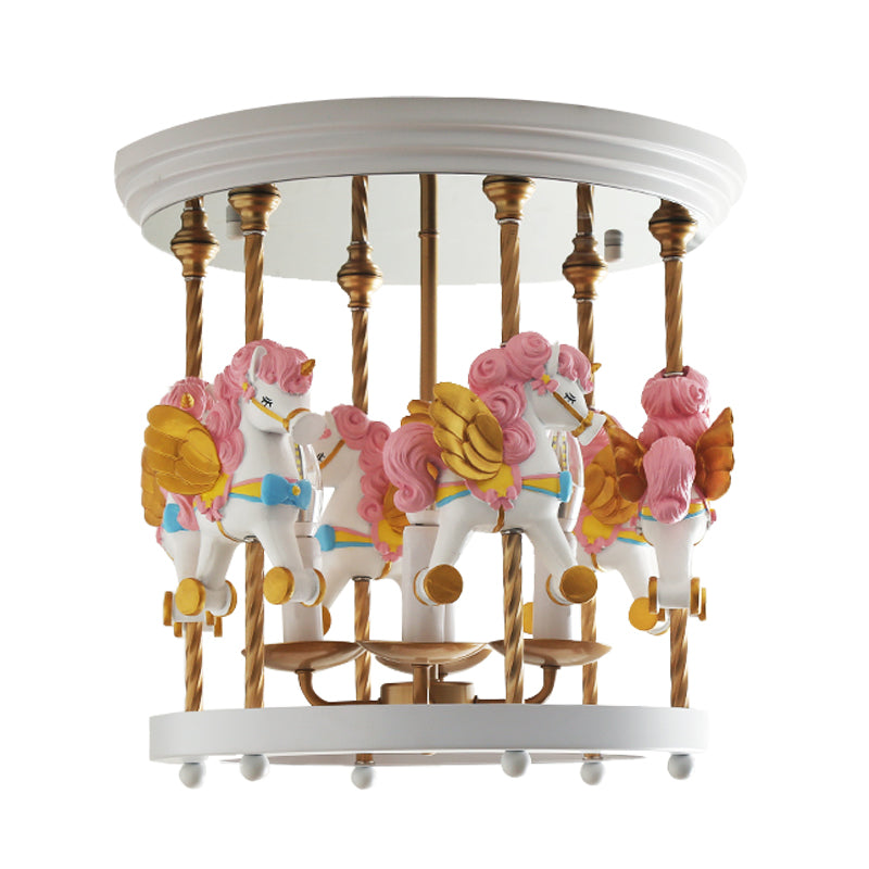 Metal Carousel Semi Flush Cartoon 4-Bulb Red/Pink/Yellow Flush Mount Lighting Fixture for Children Room Clearhalo 'Ceiling Lights' 'Close To Ceiling Lights' 'Close to ceiling' 'Semi-flushmount' Lighting' 886468