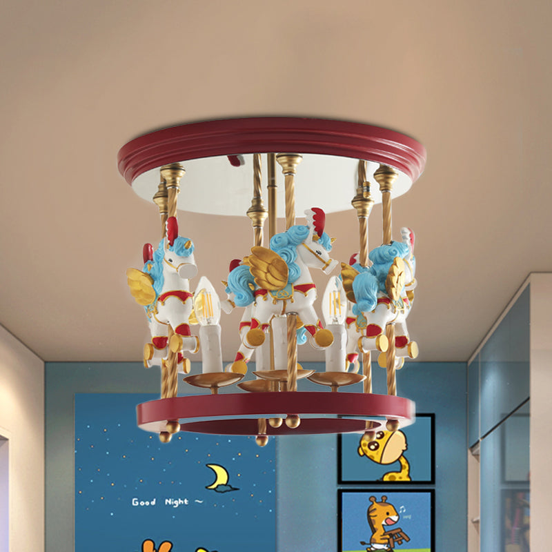 Metal Carousel Semi Flush Cartoon 4-Bulb Red/Pink/Yellow Flush Mount Lighting Fixture for Children Room Blue Clearhalo 'Ceiling Lights' 'Close To Ceiling Lights' 'Close to ceiling' 'Semi-flushmount' Lighting' 886470