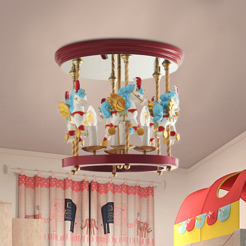 Metal Carousel Semi Flush Cartoon 4-Bulb Red/Pink/Yellow Flush Mount Lighting Fixture for Children Room Clearhalo 'Ceiling Lights' 'Close To Ceiling Lights' 'Close to ceiling' 'Semi-flushmount' Lighting' 886471