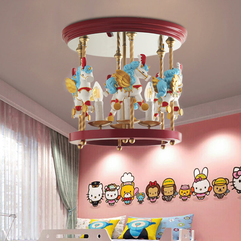 Metal Carousel Semi Flush Cartoon 4-Bulb Red/Pink/Yellow Flush Mount Lighting Fixture for Children Room Clearhalo 'Ceiling Lights' 'Close To Ceiling Lights' 'Close to ceiling' 'Semi-flushmount' Lighting' 886472