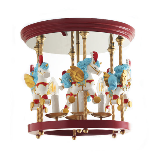 Metal Carousel Semi Flush Cartoon 4-Bulb Red/Pink/Yellow Flush Mount Lighting Fixture for Children Room Clearhalo 'Ceiling Lights' 'Close To Ceiling Lights' 'Close to ceiling' 'Semi-flushmount' Lighting' 886473