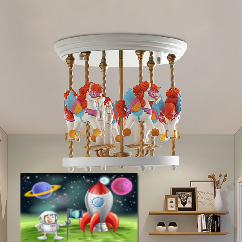 Metal Carousel Semi Flush Cartoon 4-Bulb Red/Pink/Yellow Flush Mount Lighting Fixture for Children Room Clearhalo 'Ceiling Lights' 'Close To Ceiling Lights' 'Close to ceiling' 'Semi-flushmount' Lighting' 886479