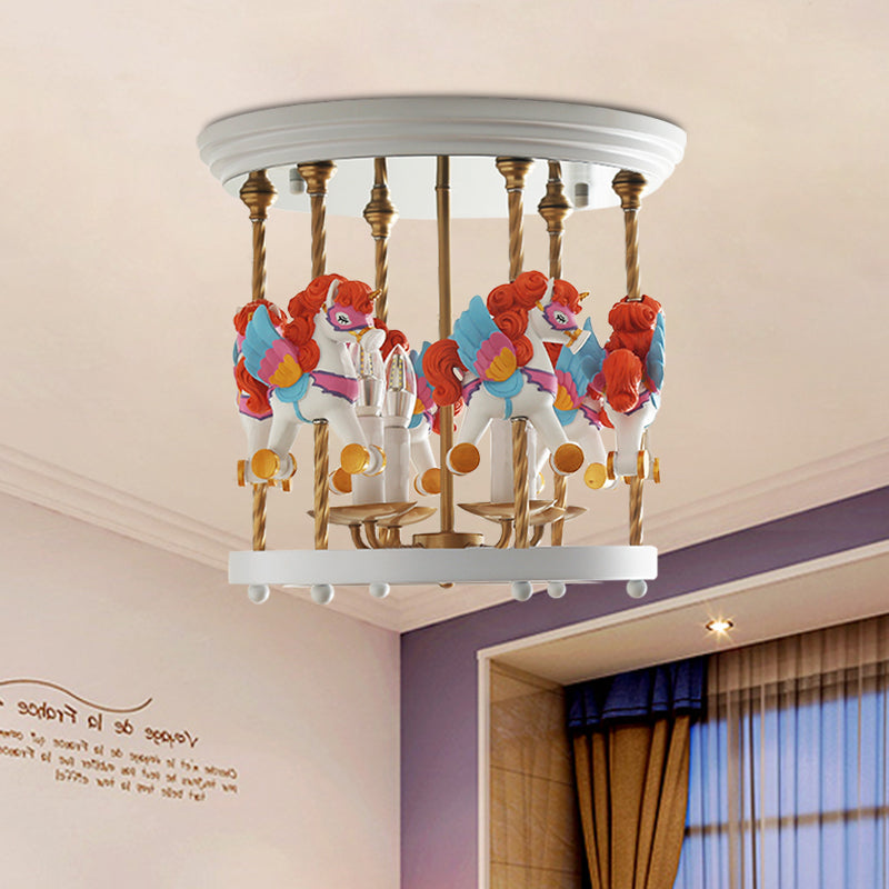 Metal Carousel Semi Flush Cartoon 4-Bulb Red/Pink/Yellow Flush Mount Lighting Fixture for Children Room Clearhalo 'Ceiling Lights' 'Close To Ceiling Lights' 'Close to ceiling' 'Semi-flushmount' Lighting' 886480