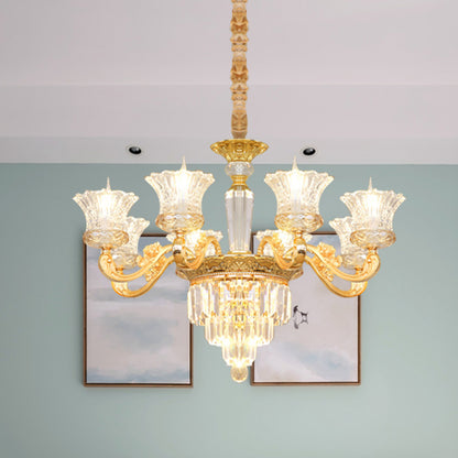 Clear Crystal Glass Gold Pendant Blossom 8 Heads Modernist Chandelier with Carved Arm Gold Clearhalo 'Ceiling Lights' 'Chandeliers' 'Modern Chandeliers' 'Modern' Lighting' 886570