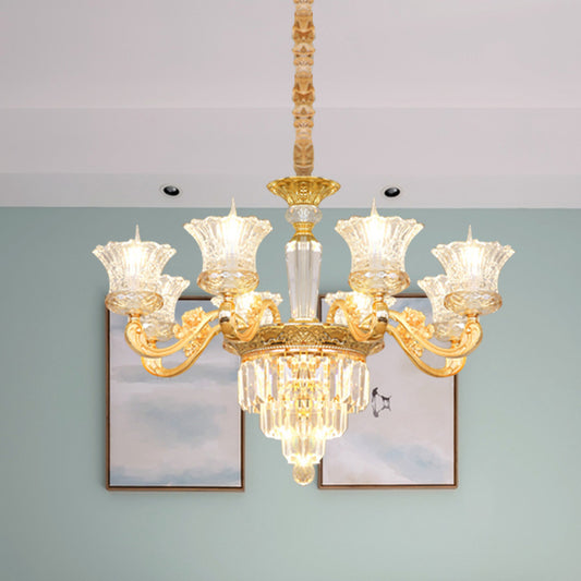 Clear Crystal Glass Gold Pendant Blossom 8 Heads Modernist Chandelier with Carved Arm Gold Clearhalo 'Ceiling Lights' 'Chandeliers' 'Modern Chandeliers' 'Modern' Lighting' 886570