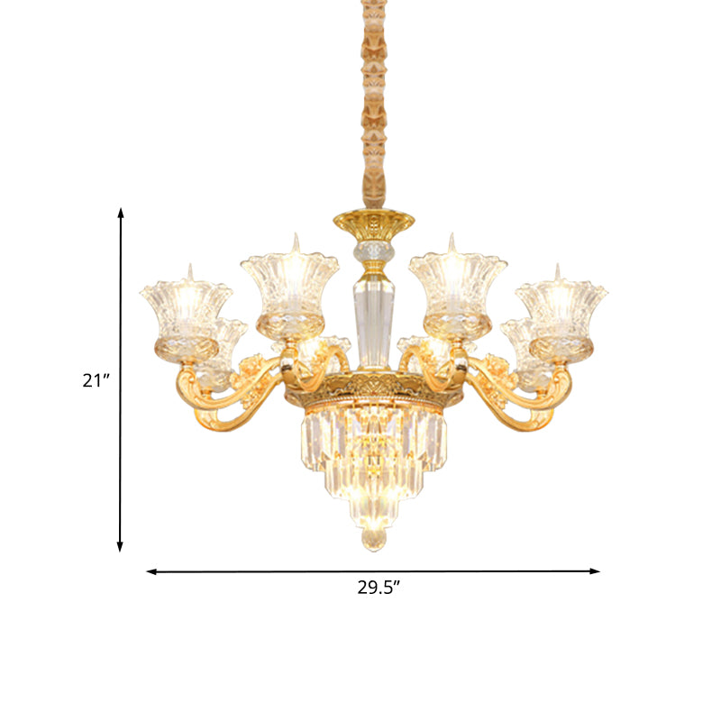 Clear Crystal Glass Gold Pendant Blossom 8 Heads Modernist Chandelier with Carved Arm Clearhalo 'Ceiling Lights' 'Chandeliers' 'Modern Chandeliers' 'Modern' Lighting' 886573