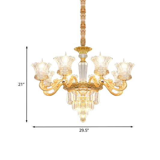 Clear Crystal Glass Gold Pendant Blossom 8 Heads Modernist Chandelier with Carved Arm Clearhalo 'Ceiling Lights' 'Chandeliers' 'Modern Chandeliers' 'Modern' Lighting' 886573