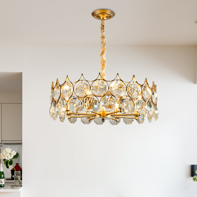 Minimalist Drum Pendant Chandelier 8 Bulbs Faceted Crystal Ceiling Hang Fixture in Gold Clearhalo 'Ceiling Lights' 'Chandeliers' 'Modern Chandeliers' 'Modern' Lighting' 886587