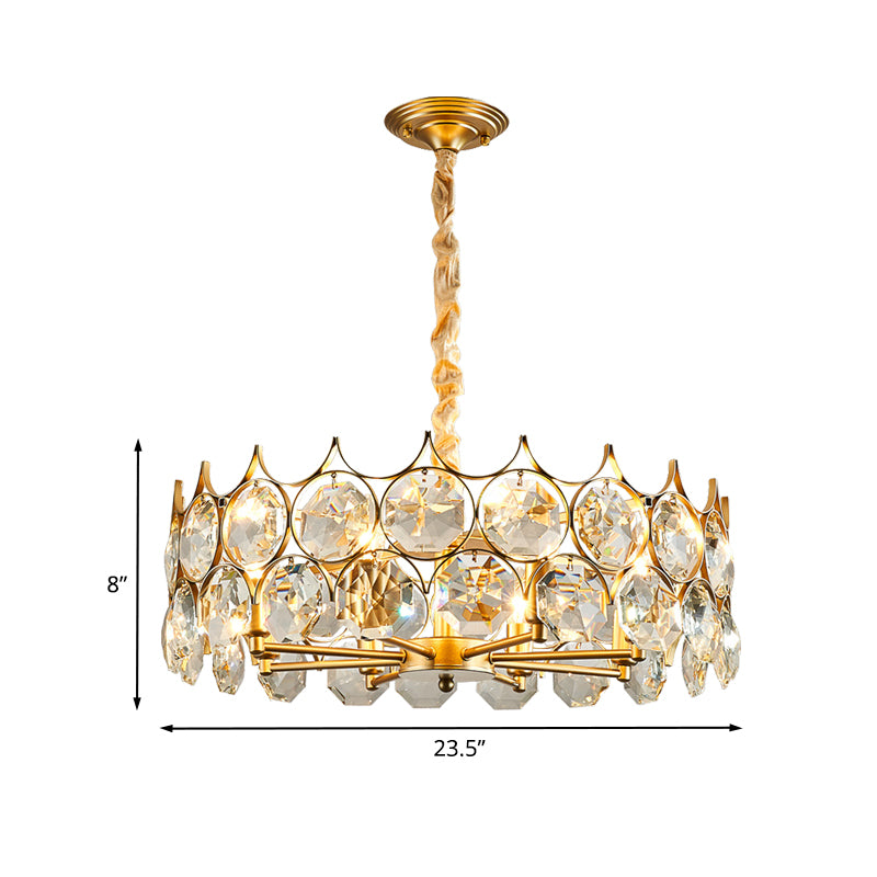 Minimalist Drum Pendant Chandelier 8 Bulbs Faceted Crystal Ceiling Hang Fixture in Gold Clearhalo 'Ceiling Lights' 'Chandeliers' 'Modern Chandeliers' 'Modern' Lighting' 886589