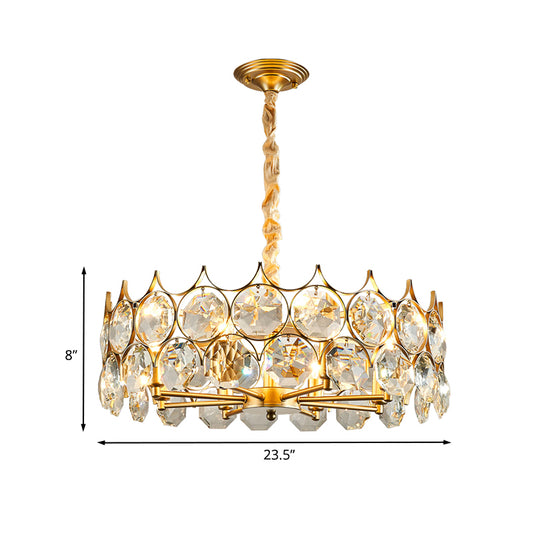 Minimalist Drum Pendant Chandelier 8 Bulbs Faceted Crystal Ceiling Hang Fixture in Gold Clearhalo 'Ceiling Lights' 'Chandeliers' 'Modern Chandeliers' 'Modern' Lighting' 886589